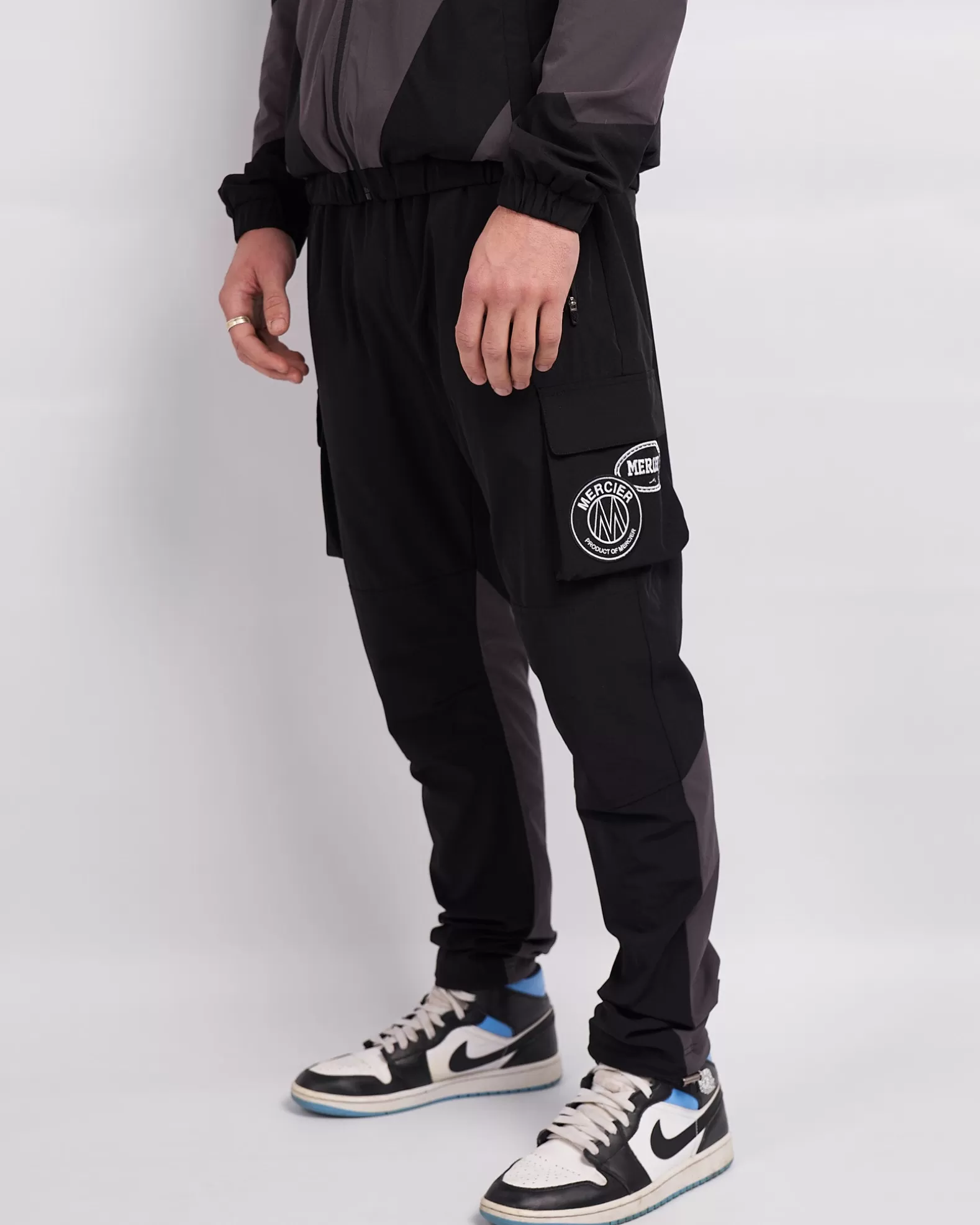 Shop Mercier Black Grey Mono Badge Panelled Cargos