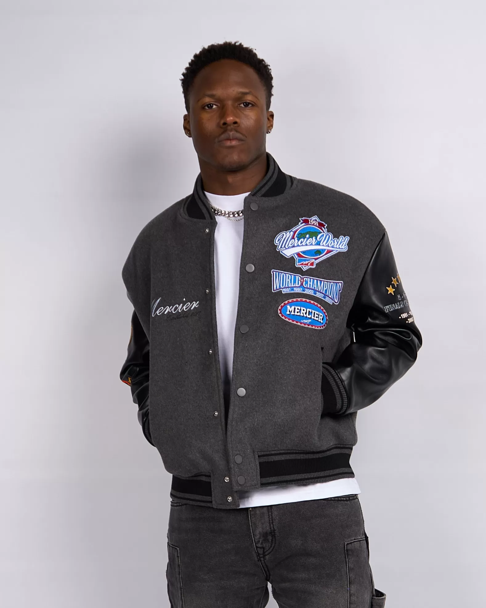 Shop Mercier Black Steel Rodman Varsity Jacket