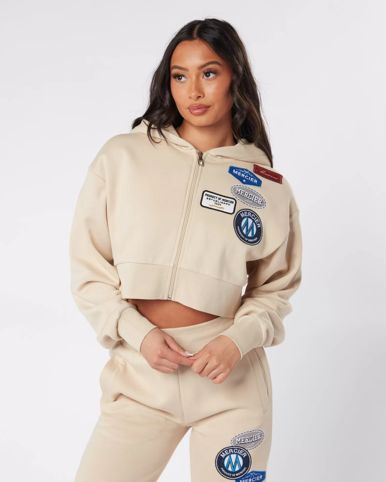 Discount Mercier Womens Almond OG Badge Cropped Zip Up