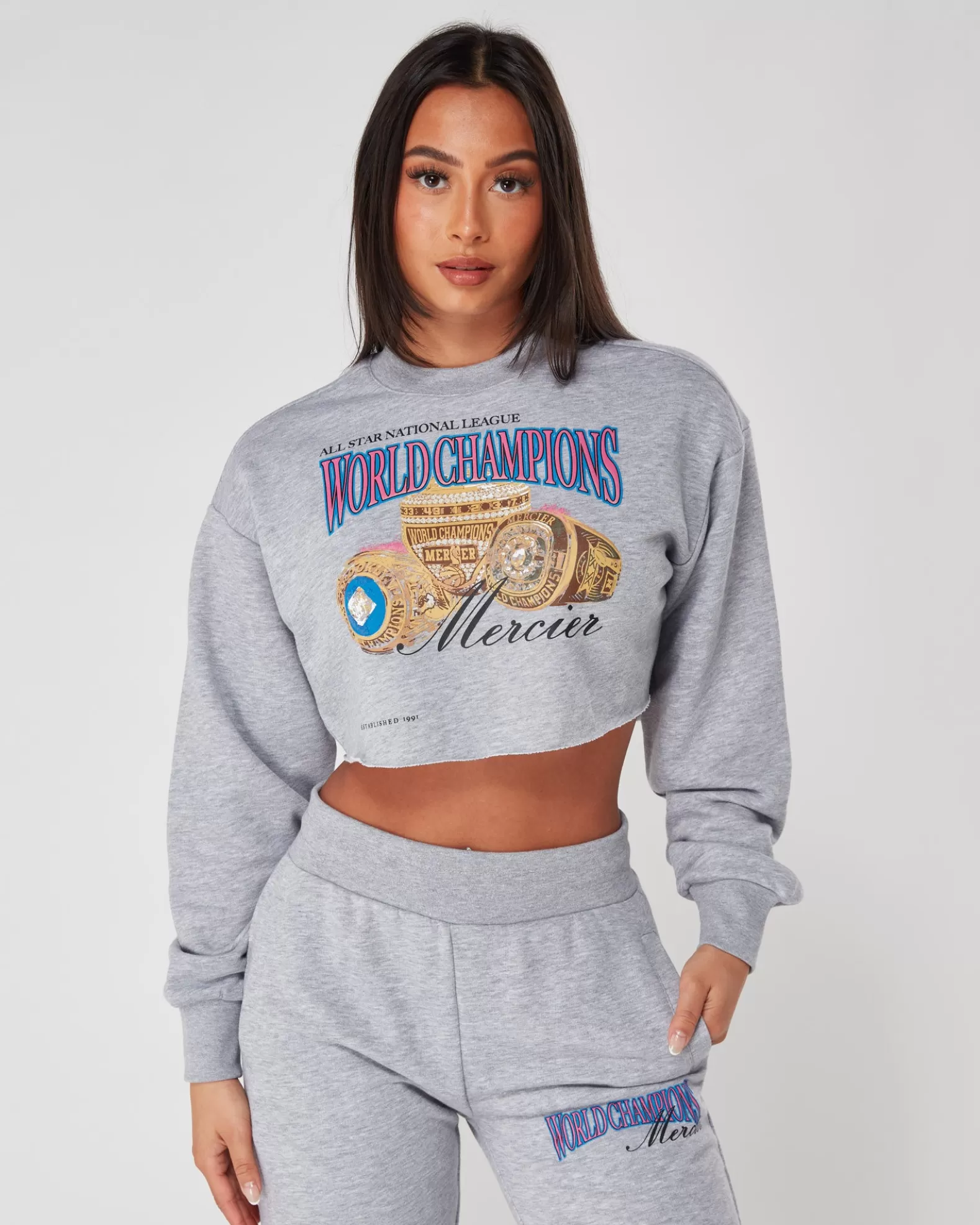 Store Mercier Womens Grey Marl Champions Crop Crewneck