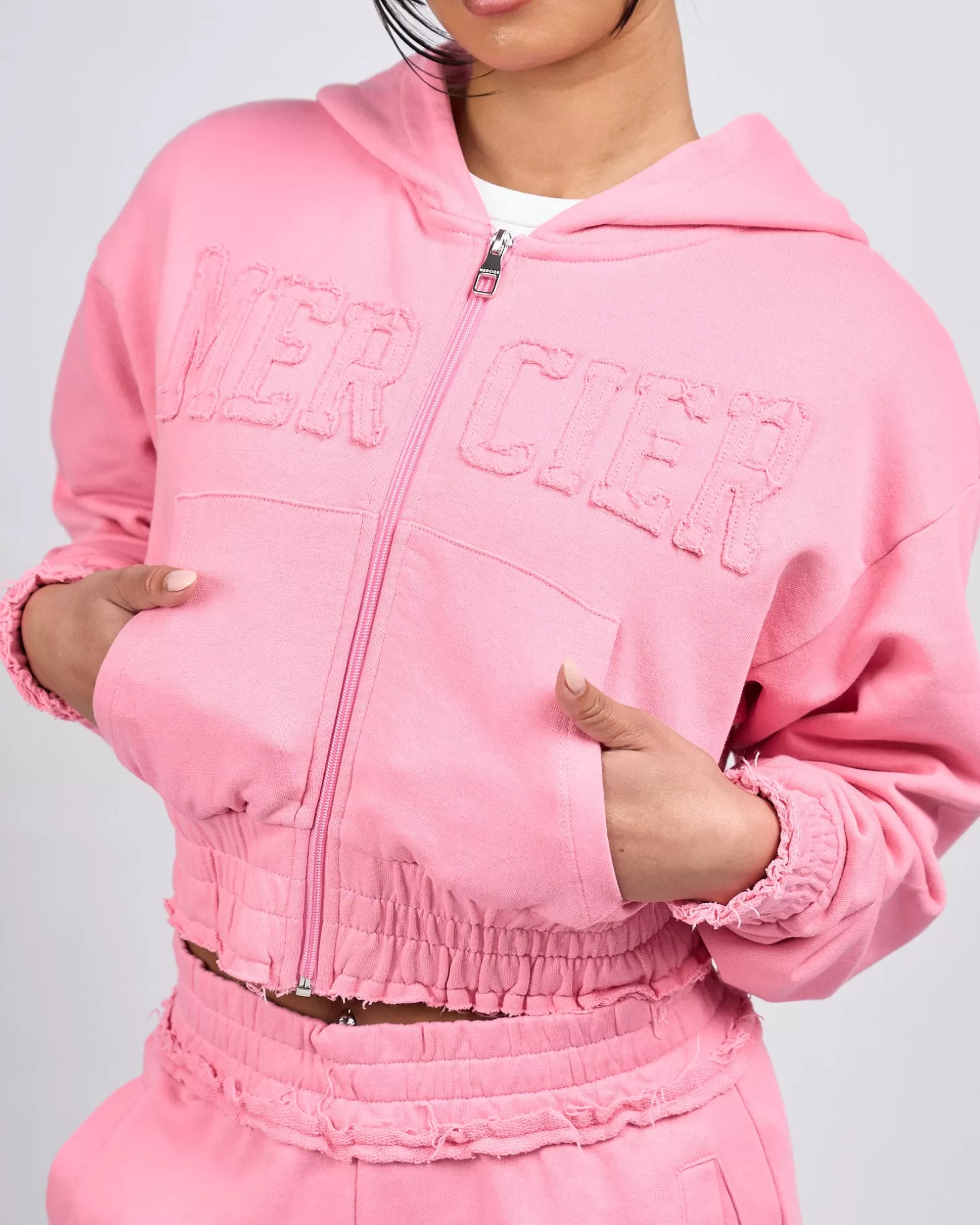 Discount Mercier Womens Pink Distressed Cropped Hoodie